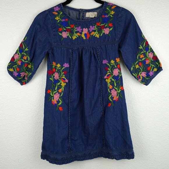 Peek‎ Kids Embroidered Denim Dress M 6–7 Floral Boho India - Picture 2 of 8